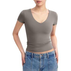 Women's Elephant Grey V Neck Short Sleeve T Shirts Slim Fit Sexy Collection